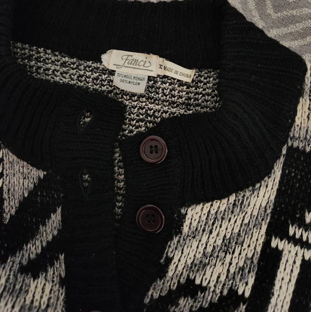 Mohair Wool Fanci Vintage Cardigan Trival Print Size M oversized Black Color - Picture 10 of 14